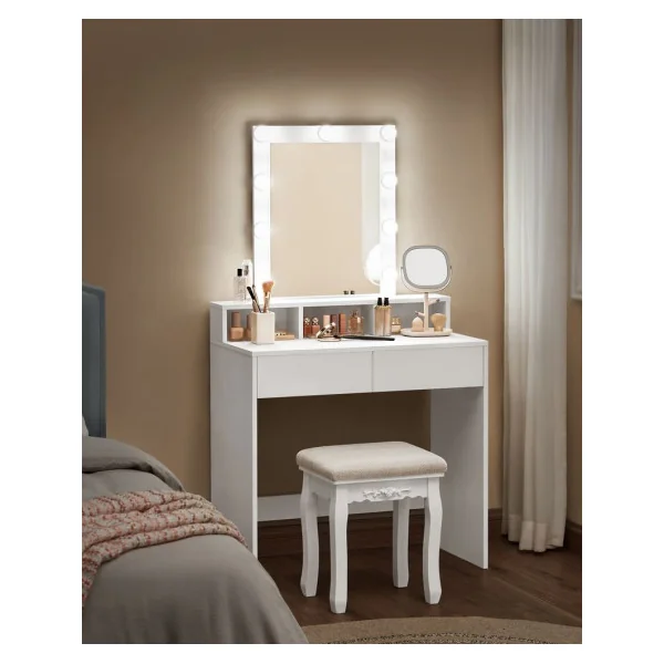 Coiffeuse avec Miroir et 9 Ampoules Table de Maquillage avec 2 Tiroirs et 3 Compartiments de Rangement