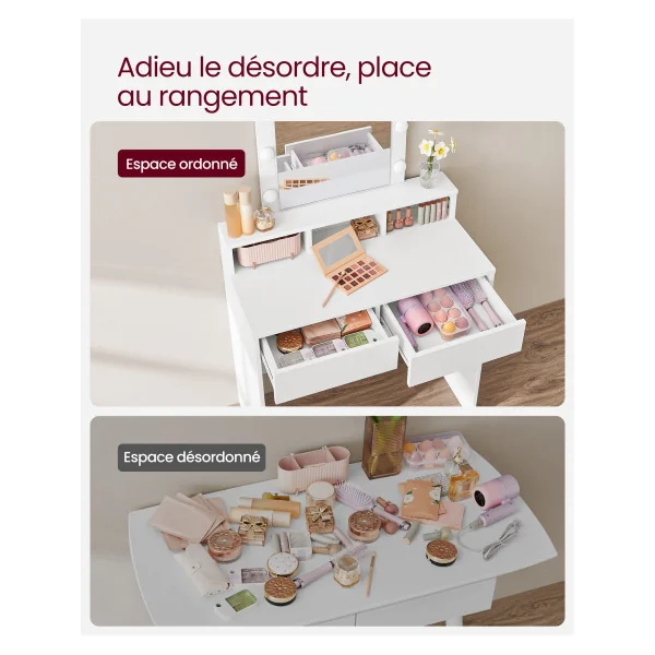 Coiffeuse avec Miroir et 9 Ampoules Table de Maquillage avec 2 Tiroirs et 3 Compartiments de Rangement