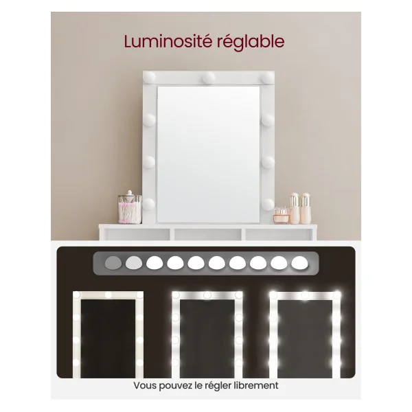 Coiffeuse avec Miroir et 9 Ampoules Table de Maquillage avec 2 Tiroirs et 3 Compartiments de Rangement