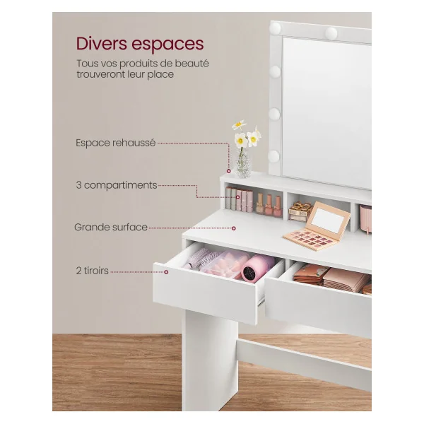 Coiffeuse avec Miroir et 9 Ampoules Table de Maquillage avec 2 Tiroirs et 3 Compartiments de Rangement