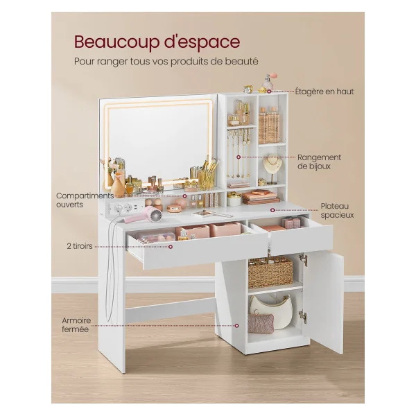 Coiffeuse avec Miroir et Lumière LED Table Maquillage Femme 2 Tiroirs