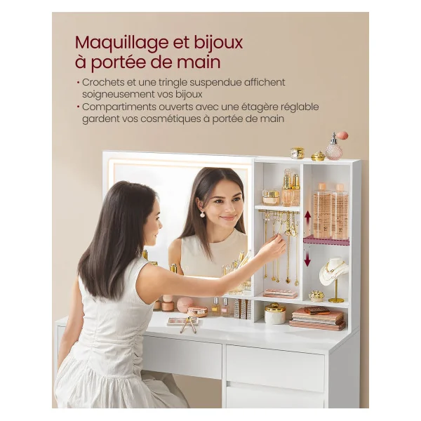 Coiffeuse avec Miroir et Lumière LED Table Maquillage Femme 2 Tiroirs