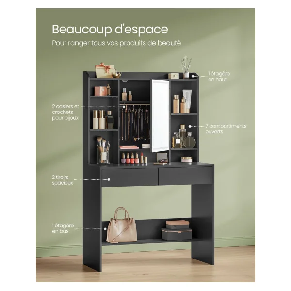 Coiffeuse avec Miroir LED Table Cosmétique Table Maquillage 2 Tiroirs Noir d'Encre