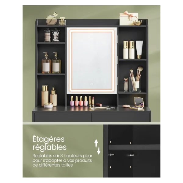 Coiffeuse avec Miroir LED Table Cosmétique Table Maquillage 2 Tiroirs Noir d'Encre
