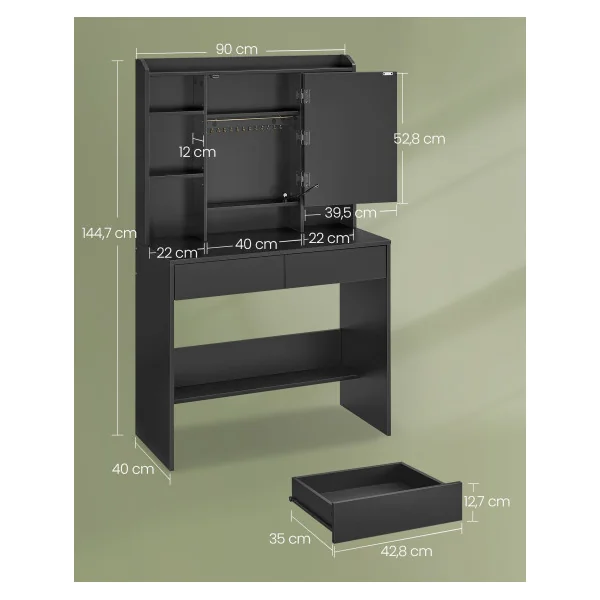 Coiffeuse avec Miroir LED Table Cosmétique Table Maquillage 2 Tiroirs Noir d'Encre