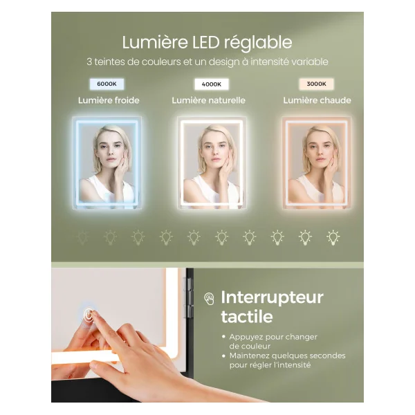 Coiffeuse avec Miroir LED Table Cosmétique Table Maquillage 2 Tiroirs Noir d'Encre