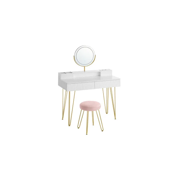 Coiffeuse avec Miroir Pivotant et Tabouret Eclairage LED 3 Couleurs Blanc Doré Clair