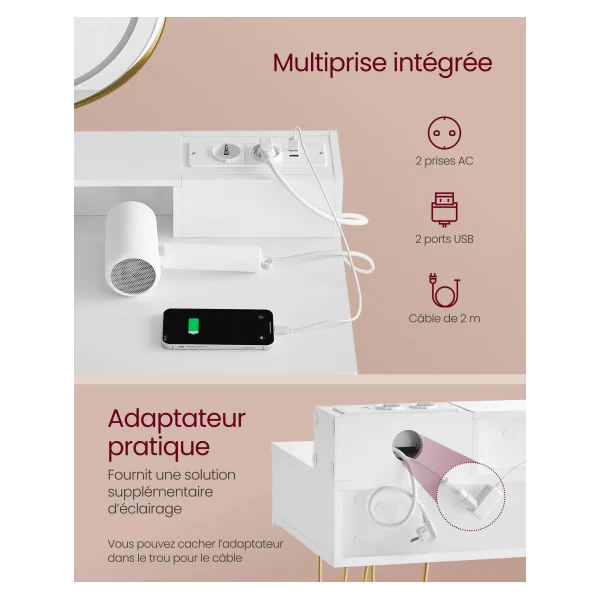 Coiffeuse avec Miroir Pivotant et Tabouret Eclairage LED 3 Couleurs Blanc Doré Clair