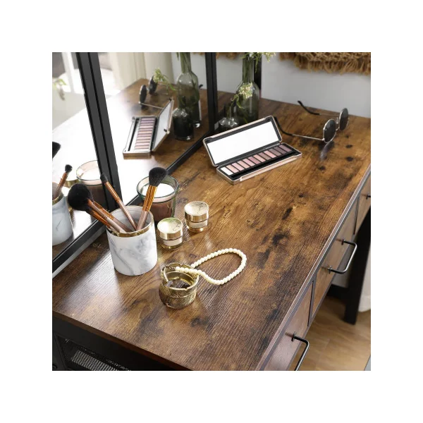 Coiffeuse avec Tabouret Miroir Triple 3 Tiroirs Table de Maquillage Marron Rustique Noir