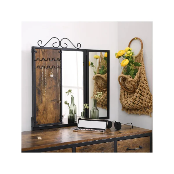 Coiffeuse avec Tabouret Miroir Triple 3 Tiroirs Table de Maquillage Marron Rustique Noir