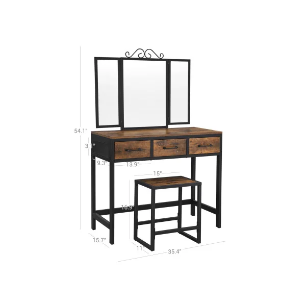 Coiffeuse avec Tabouret Miroir Triple 3 Tiroirs Table de Maquillage Marron Rustique Noir