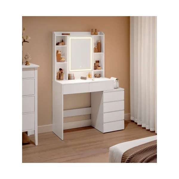 Coiffeuse Blanche 6 Tiroirs Grand Miroir LED à Luminosité Réglable Table de Maquillage Compartiments Ouverts