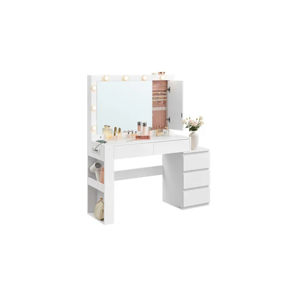 Coiffeuse Blanche avec 4 Tiroirs Miroir LED Multiprise Table de Maquillage avec Armoire Bijoux