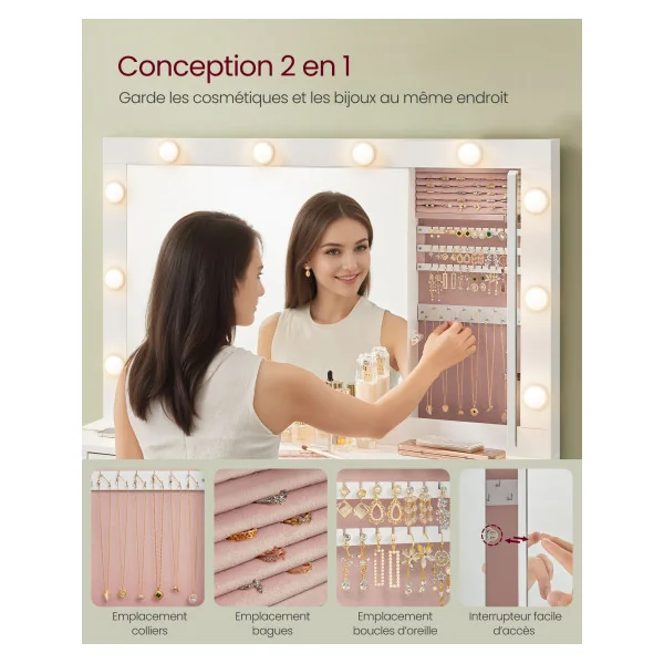 Coiffeuse Blanche avec 4 Tiroirs Miroir LED Multiprise Table de Maquillage avec Armoire Bijoux