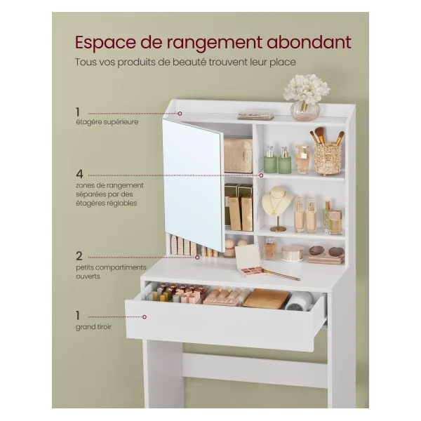 Coiffeuse Blanche avec Grand Tiroir Etagères et Placard Table de Maquillage Femme