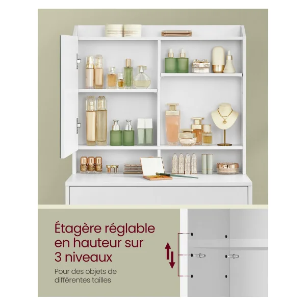 Coiffeuse Blanche avec Grand Tiroir Etagères et Placard Table de Maquillage Femme