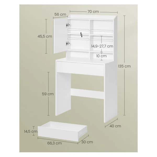 Coiffeuse Blanche avec Grand Tiroir Etagères et Placard Table de Maquillage Femme