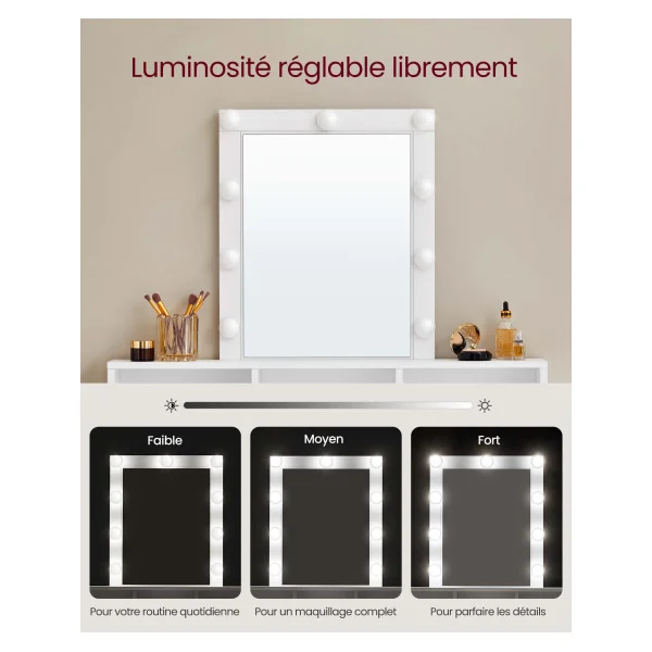 Coiffeuse Blanche avec Grand Tiroir Style Moderne Table Manucure avec Miroir LED