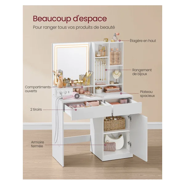 Coiffeuse Blanche avec Miroir et Lumière LED Table de Maquillage 2 Tiroirs Table Cosmétique Femme
