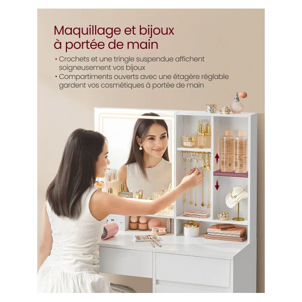 Coiffeuse Blanche avec Miroir et Lumière LED Table de Maquillage 2 Tiroirs Table Cosmétique Femme