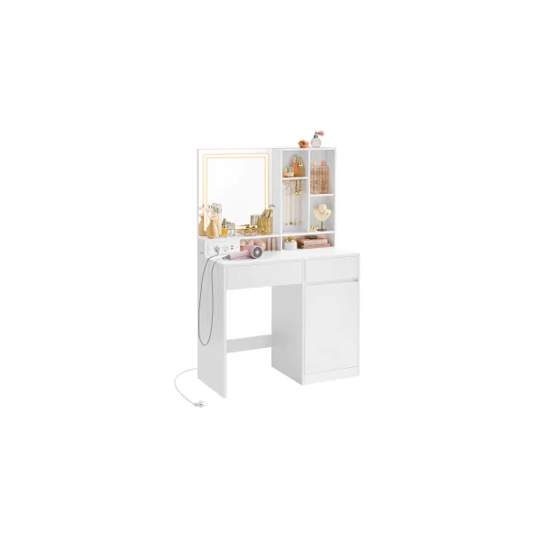 Coiffeuse Blanche avec Miroir et Lumière LED Table de Maquillage 2 Tiroirs Table Cosmétique Femme