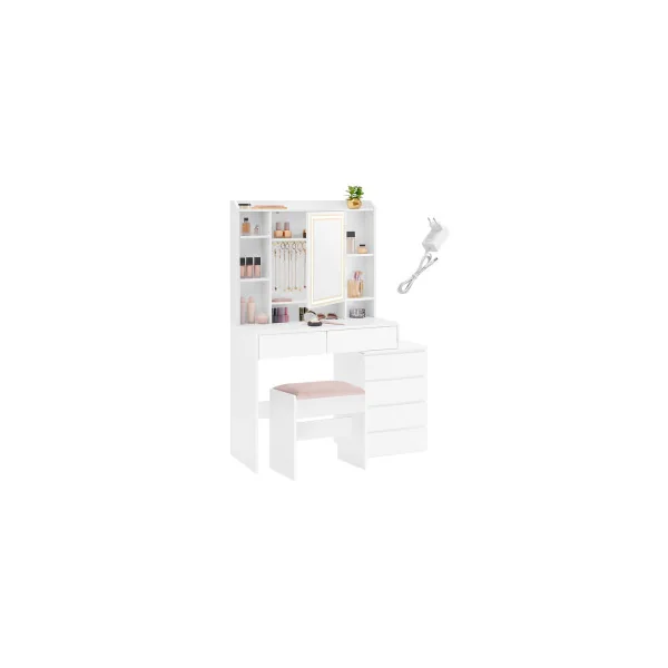 Coiffeuse Blanche avec Miroir LED et Tabouret 3 Luminosités Réglables Table de Maquillage 6 Tiroirs