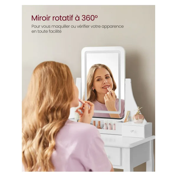 Coiffeuse Blanche avec Miroir LED et Tabouret Rembourré Table de Manucure Femme