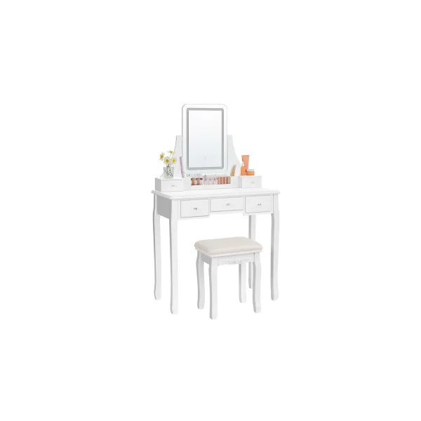 Coiffeuse Blanche avec Miroir LED et Tabouret Rembourré Table de Manucure Femme