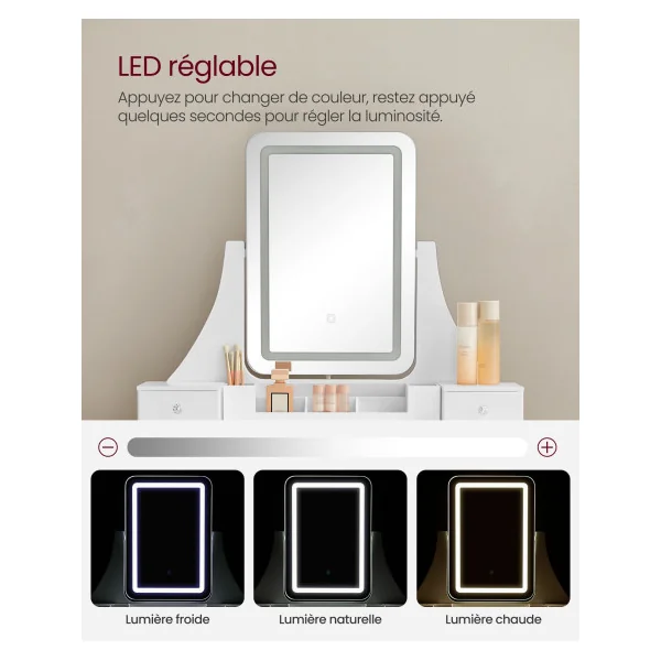Coiffeuse Blanche avec Miroir LED et Tabouret Rembourré Table de Manucure Femme