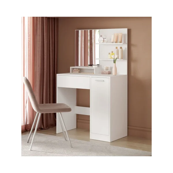 Coiffeuse Blanche avec Placard Tiroir et 3 Etagères Table de Maquillage Femme