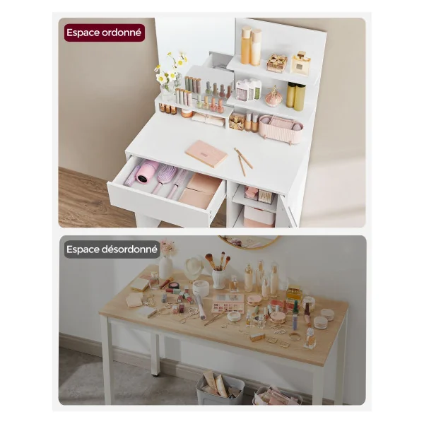 Coiffeuse Blanche avec Placard Tiroir et 3 Etagères Table de Maquillage Femme