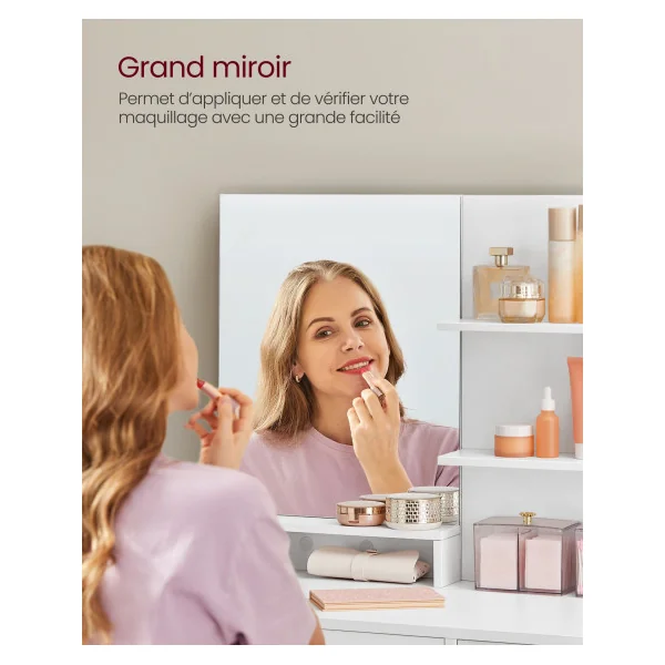 Coiffeuse Blanche avec Placard Tiroir et 3 Etagères Table de Maquillage Femme