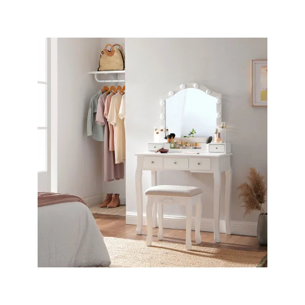Coiffeuse Blanche avec Tabouret Miroir 10 LED Table Manucure Table de Maquillage Femme