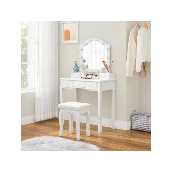 Coiffeuse Blanche avec Tabouret Miroir 10 LED Table Manucure Table de Maquillage Femme