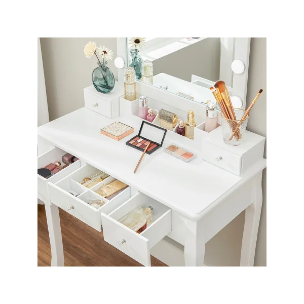 Coiffeuse Blanche avec Tabouret Miroir 10 LED Table Manucure Table de Maquillage Femme