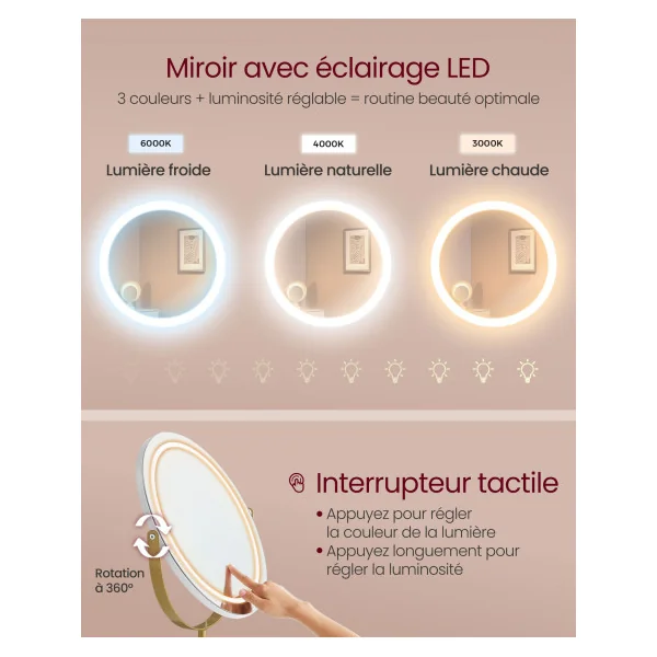 Coiffeuse Blanche et Doré avec Miroir Pivotant et Tabouret Rembourré Table de Maquillage