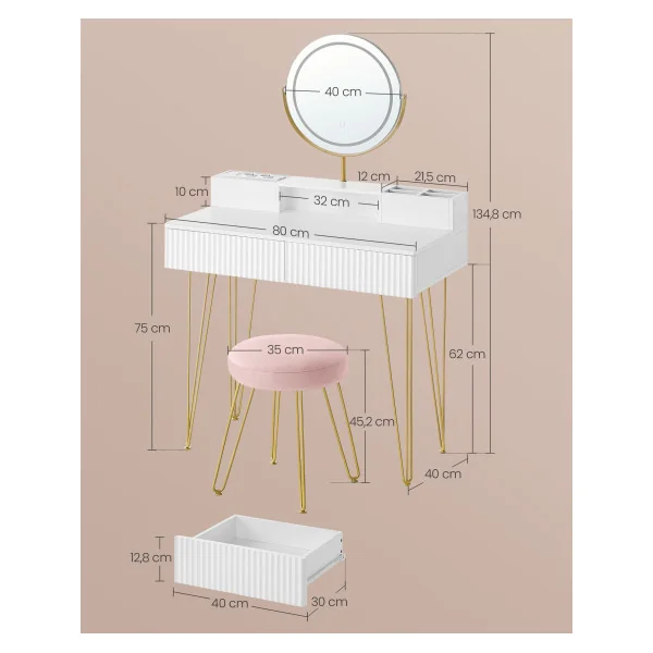Coiffeuse Blanche et Doré avec Miroir Pivotant et Tabouret Rembourré Table de Maquillage