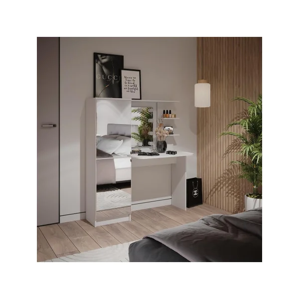 Coiffeuse Blanche + LED 2 Placards avec Double Miroir Table Maquillage Coiffeuse Femme avec Miroir