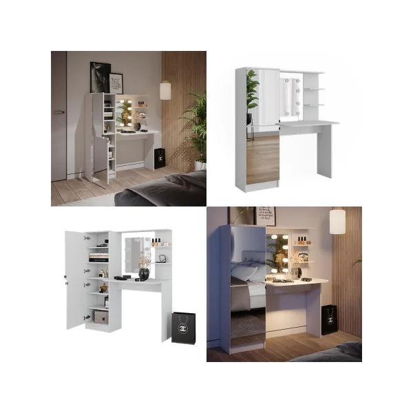 Coiffeuse Blanche + LED 2 Placards avec Double Miroir Table Maquillage Coiffeuse Femme avec Miroir