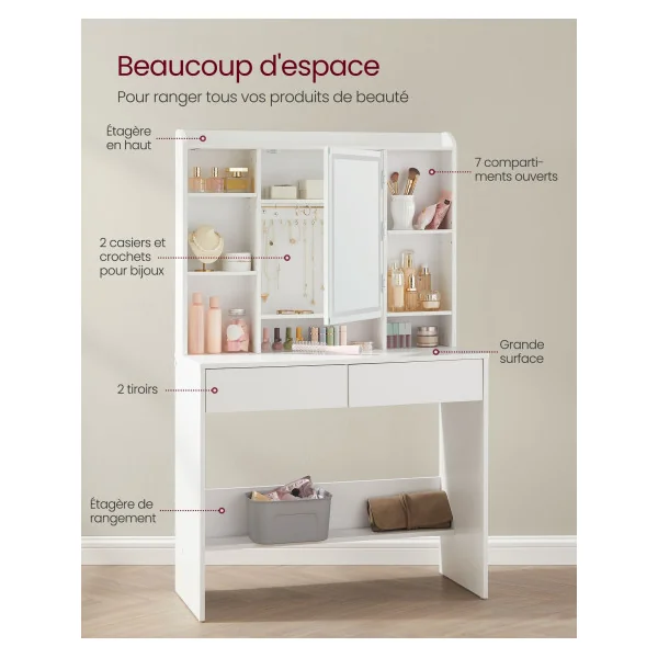 Coiffeuse Blanche Miroir LED Moderne Table Maquillage 2 Tiroirs
