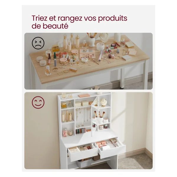 Coiffeuse Blanche Miroir LED Moderne Table Maquillage 2 Tiroirs