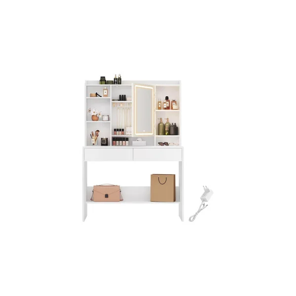 Coiffeuse Blanche Miroir LED Moderne Table Maquillage 2 Tiroirs