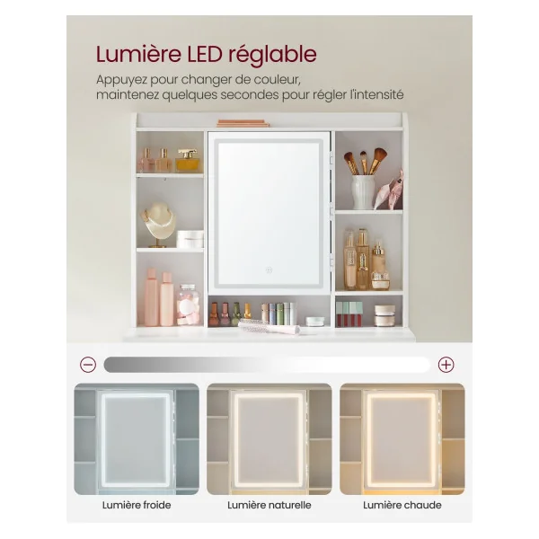 Coiffeuse Blanche Miroir LED Moderne Table Maquillage 2 Tiroirs
