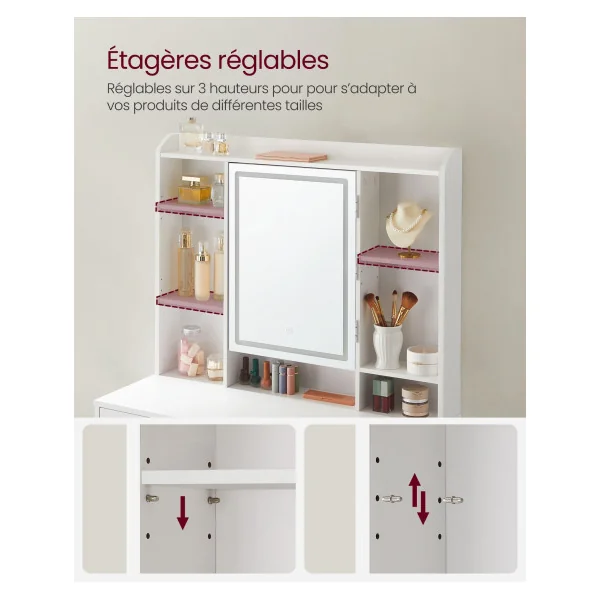 Coiffeuse Blanche Miroir LED Moderne Table Maquillage 2 Tiroirs