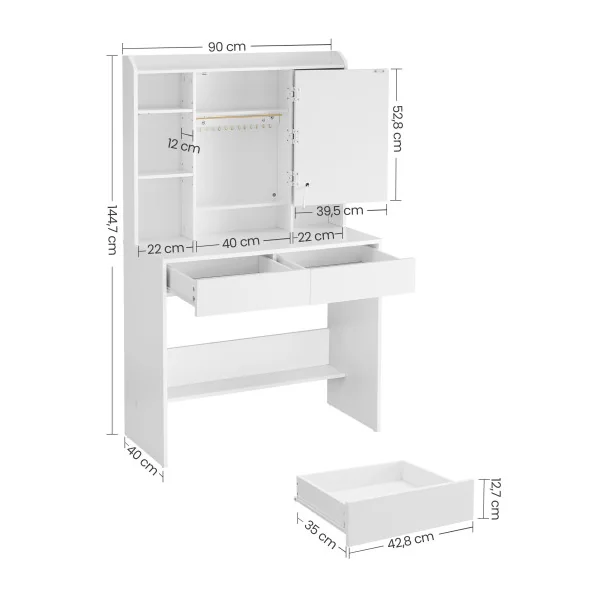 Coiffeuse Blanche Miroir LED Moderne Table Maquillage 2 Tiroirs