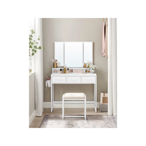 Coiffeuse Blanche Miroir Triple 3 Tiroirs Table de Manucure avec Tabouret Rembourré