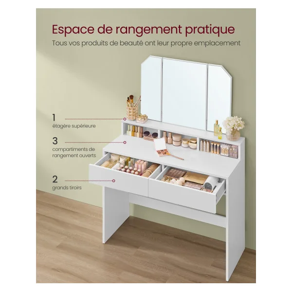 Coiffeuse Blanche Moderne Miroir Triple Grand Tiroir Table de Maquillage Table Manucure Femme