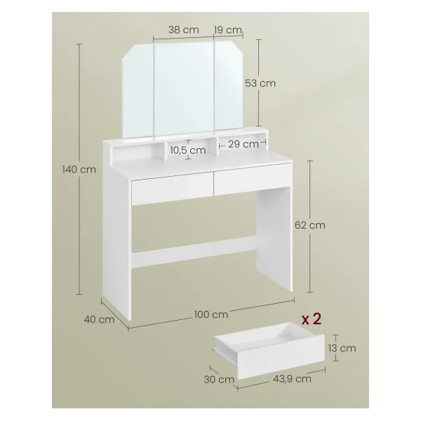 Coiffeuse Blanche Moderne Miroir Triple Grand Tiroir Table de Maquillage Table Manucure Femme