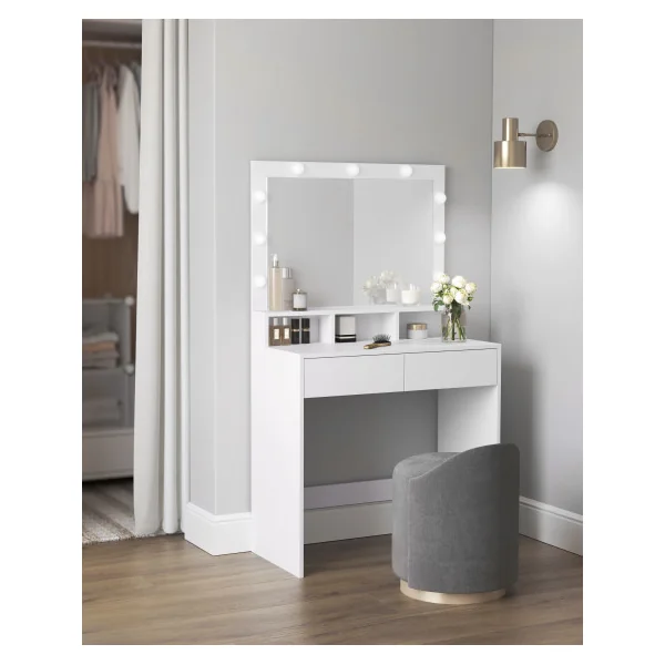 Coiffeuse Blanche Table de Maquillage avec 9 Ampoules LED, Luminosité Réglable 2 Tiroirs et 3 Compartiments de Rangement