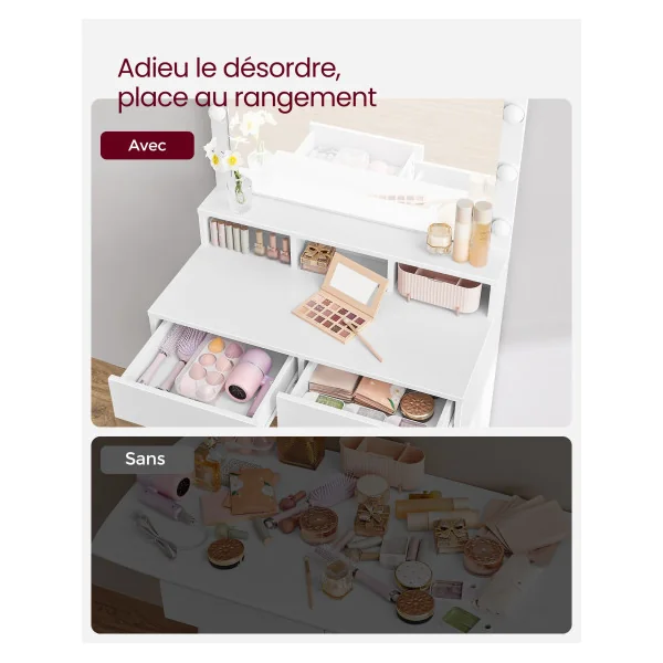 Coiffeuse Blanche Table de Maquillage avec 9 Ampoules LED, Luminosité Réglable 2 Tiroirs et 3 Compartiments de Rangement